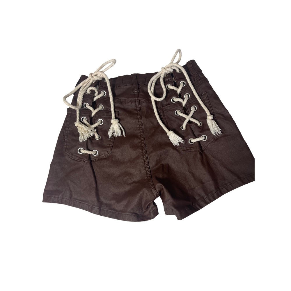 AKIRA Brown Faux Leather Lace-Up Shorts XL High Rise Stretch Coated Festival